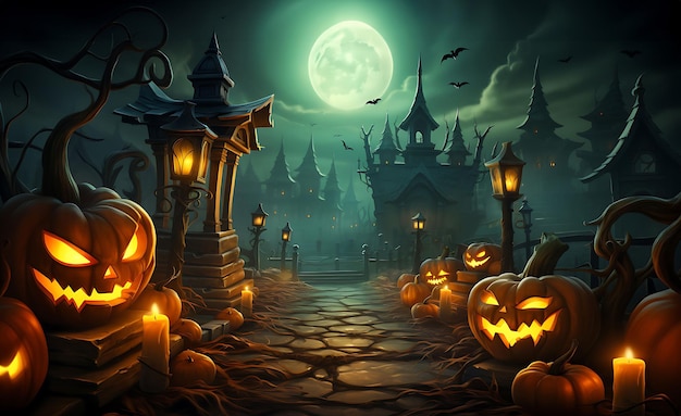 uma cena de Halloween com abóboras e um papel de parede de lua cheia