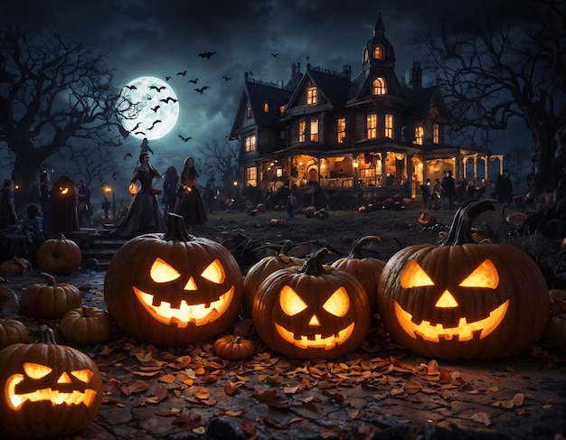 uma cena de Halloween com abóboras e uma casa ao fundo