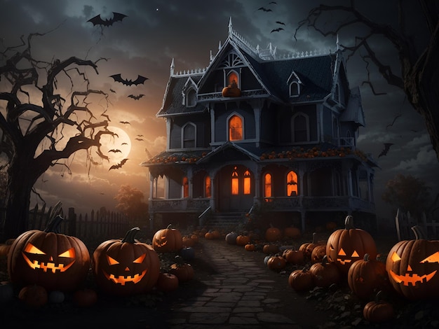 Uma cena de Halloween com abóboras e uma casa mal-assombrada