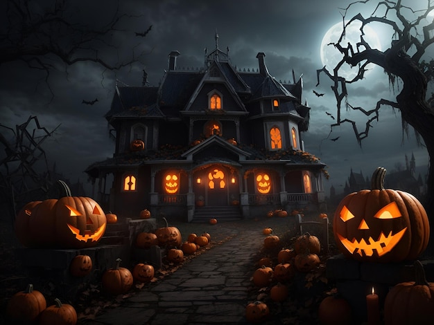 Uma cena de Halloween com abóboras e uma casa mal-assombrada