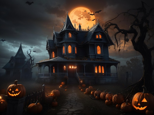 Uma cena de Halloween com abóboras e uma casa mal-assombrada
