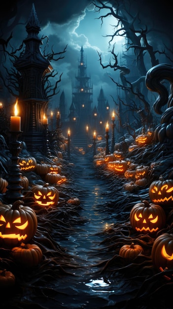 Foto uma cena de halloween com abóboras no chão e um castelo ao fundo generative ai