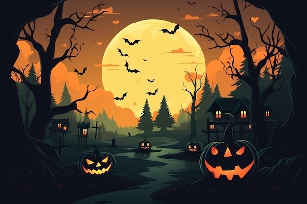 Uma cena de halloween com lua cheia e abóboras