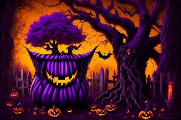 Uma cena de halloween com um monstro roxo com uma árvore e abóboras ao fundo