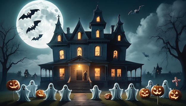 uma cena de Halloween com uma casa e abóboras na frente