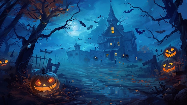 uma cena de Halloween com uma casa e abóboras