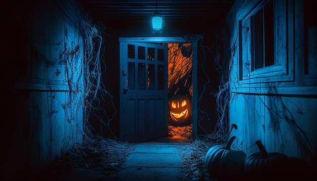 Foto uma cena de halloween com uma porta aberta e uma abóbora com a palavra halloween nela