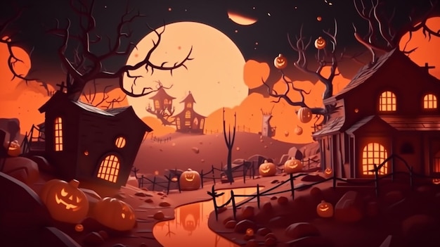 Uma cena de halloween dos desenhos animados com uma casa e abóboras.