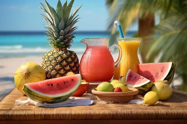 Uma cena de inspiração tropical com suco de melancia servido em cocos