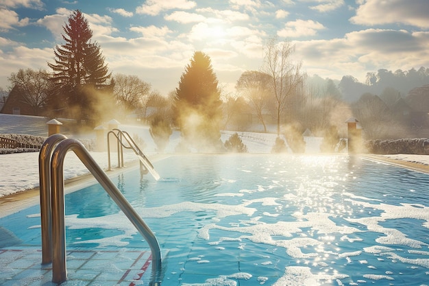 Uma cena de inverno aconchegante com uma piscina ao ar livre fumegante