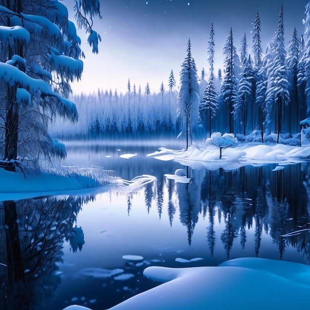 uma cena de inverno com um lago e árvores cobertas de neve.