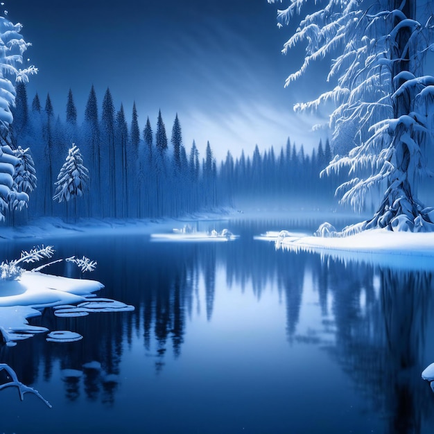uma cena de inverno com um lago e árvores cobertas de neve.