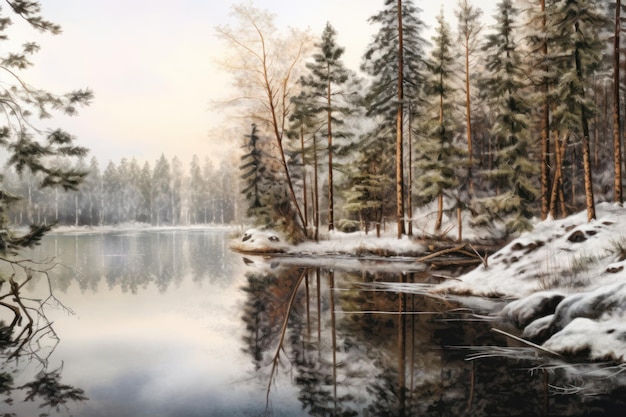 Uma cena de inverno com um lago e árvores em primeiro plano e uma cena nevada com uma paisagem nevada.