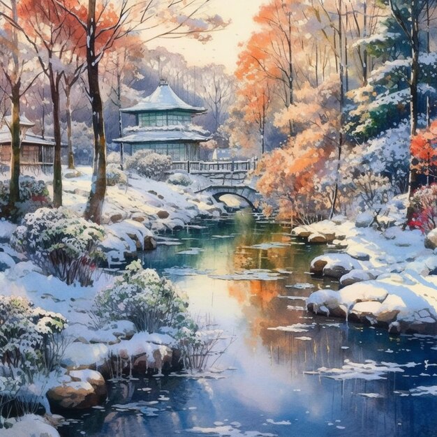 Uma cena de inverno com um lago e uma casa japonesa ao fundo.
