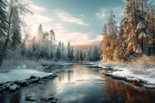 Uma cena de inverno com um rio e árvores cobertas de neve