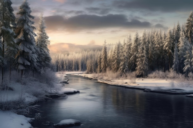 Uma cena de inverno com um rio e árvores cobertas de neve.