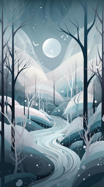 Uma cena de inverno com um rio no meio de uma floresta nevada.