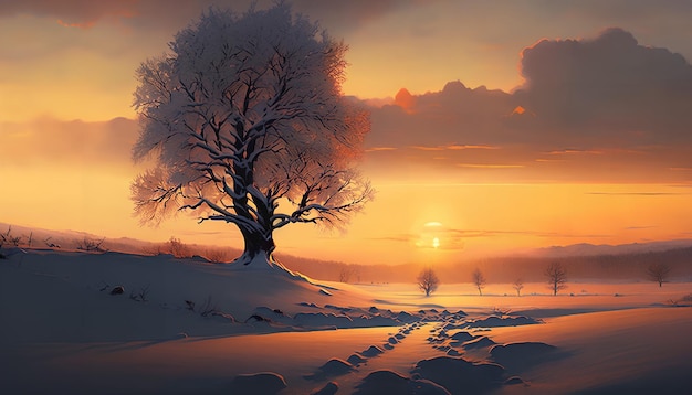 Uma cena de inverno com uma árvore no meio e o sol se pondo atrás dela