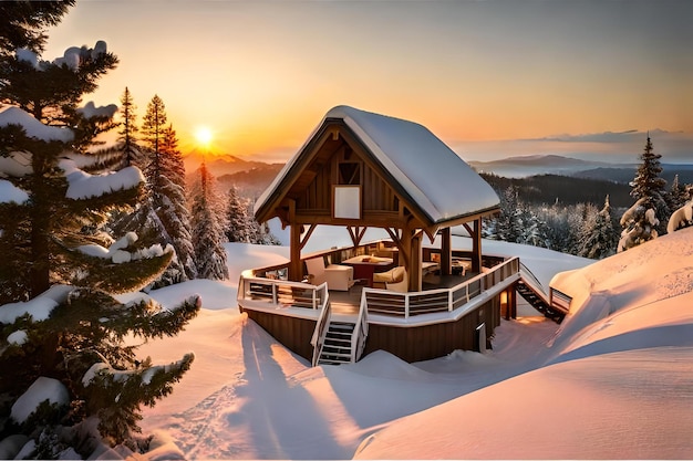 Uma cena de inverno com uma cabana nas montanhas