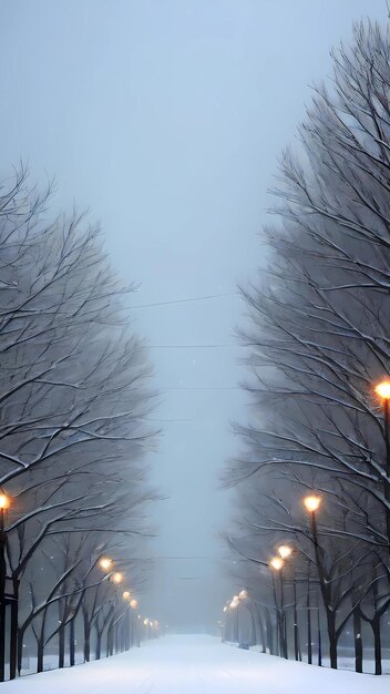 Uma cena de inverno com uma estrada e árvores cobertas de neve