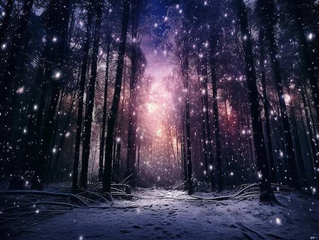 Uma cena de inverno com uma floresta coberta de neve e a palavra neve no fundo