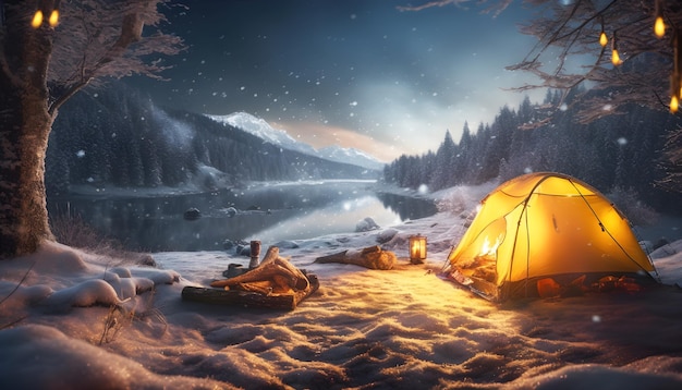 uma cena de inverno com uma fogueira e uma floresta de neve