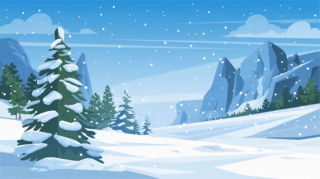 uma cena de inverno com uma paisagem coberta de neve e árvores