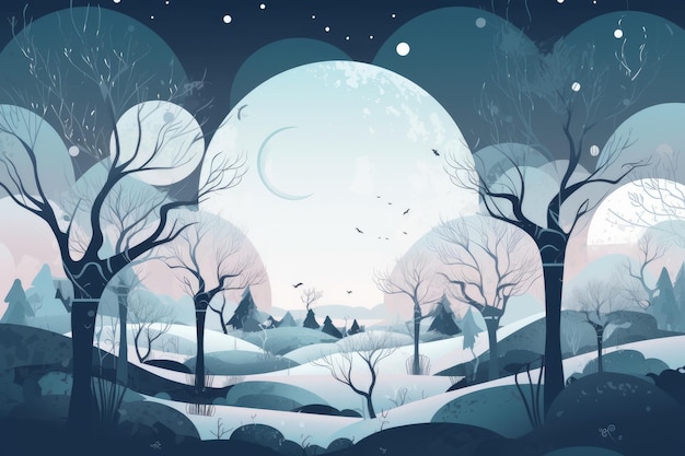 Uma cena de inverno com uma paisagem de neve e a lua ao fundo.