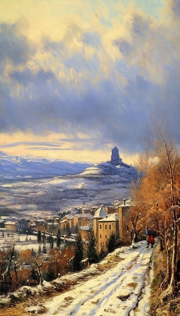 Uma cena de inverno com uma paisagem nevada e uma montanha coberta de neve ao fundo.