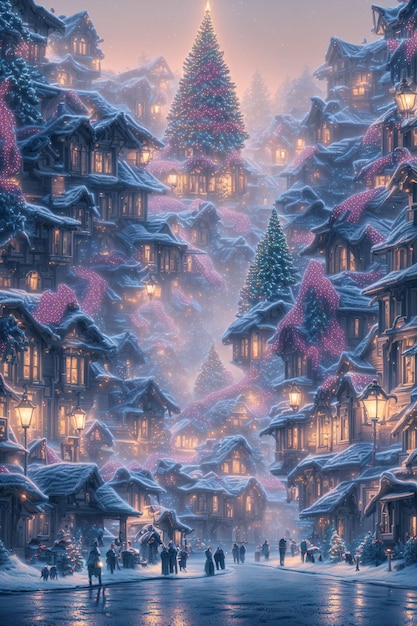 Uma cena de inverno com uma vila de neve e uma montanha de neve com luzes nela