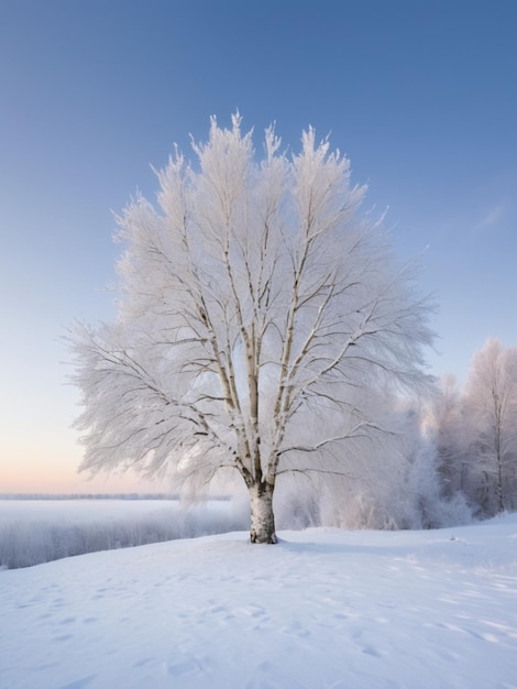Uma cena de inverno tranquila com uma árvore de bétula branca solitária coberta de neve