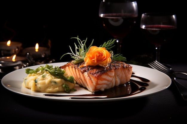 Uma cena de jantar de frutos do mar elegante e sofisticada com uma variedade de pratos finos de marisco