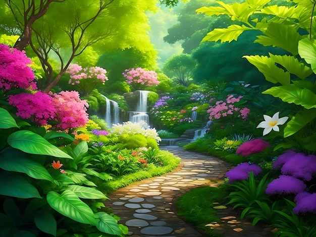 Uma cena de jardim botânico exuberante com flores coloridas folhagem exuberante AI Generative Free Photo