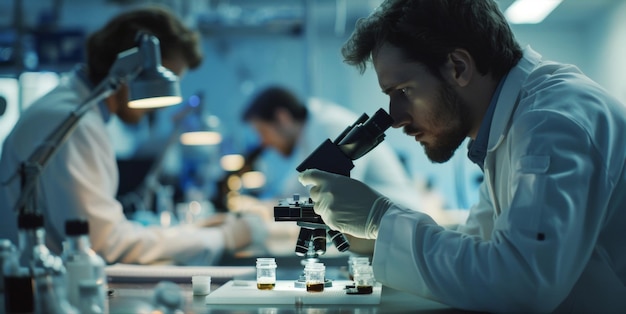 Uma cena de laboratório com cientistas em casacos de laboratório observando atentamente pequenas culturas de micróbios