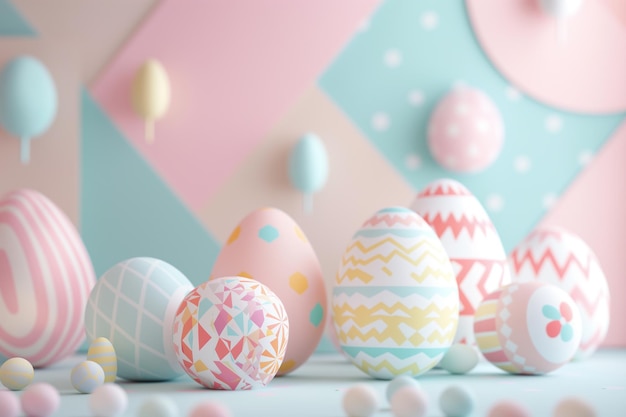 Foto uma cena de maquete geométrica abstrata com tema de ovo de páscoa com formas e padrões geométricos de cores pastel que lembram ovos de páscua decorados