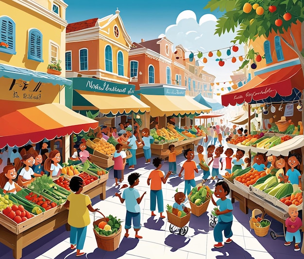 uma cena de mercado com pessoas comprando e vendendo frutas