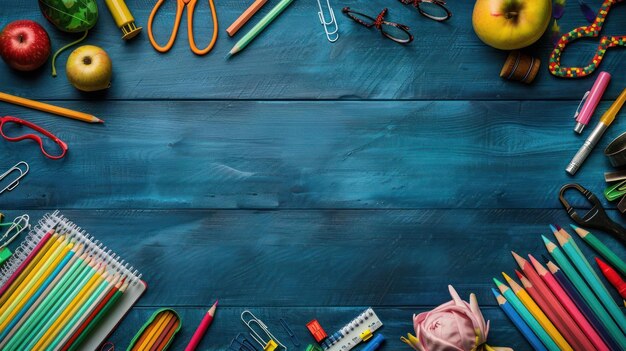 Foto uma cena de mesa vibrante com uma variedade de artigos de papelaria e objetos coloridos