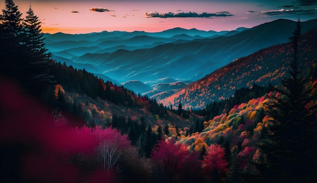 Uma cena de montanha colorida com um céu colorido e árvores em primeiro plano.