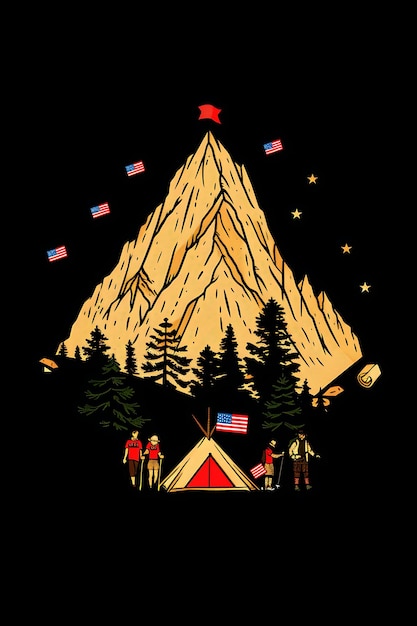 Uma cena de montanha com pessoas caminhando e acampando American Fla Poster Banner Postcard Collage Design