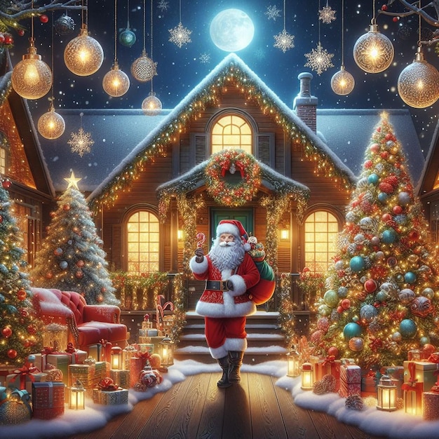 uma cena de Natal com Santa Claus de pé na frente de uma casa com uma árvore de Natal ao fundo