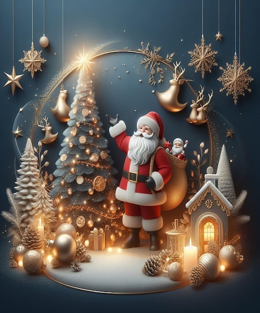 uma cena de Natal com um Papai Noel e uma árvore de Natal