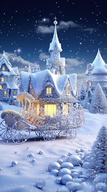 uma cena de Natal com uma casa coberta de neve e um trenó