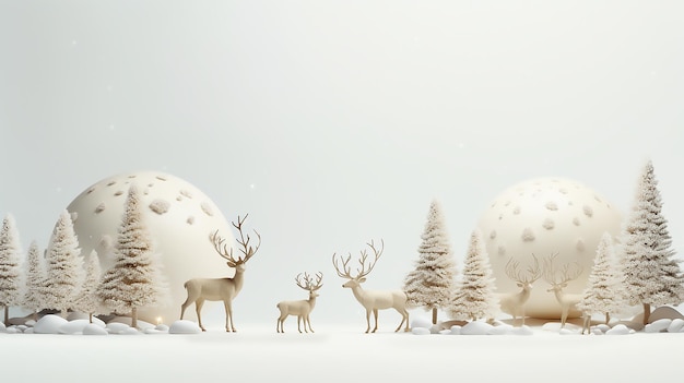 Uma cena de Natal isolada com renas, veados e pinheiros Fundo branco Fundo branco da moldura