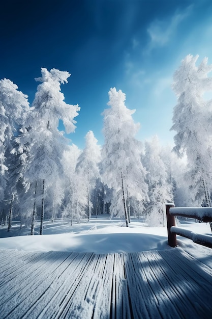 Uma cena de neve com um deck de madeira e árvores cobertas de neve.