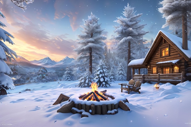 Uma cena de neve com uma fogueira e uma paisagem de neve