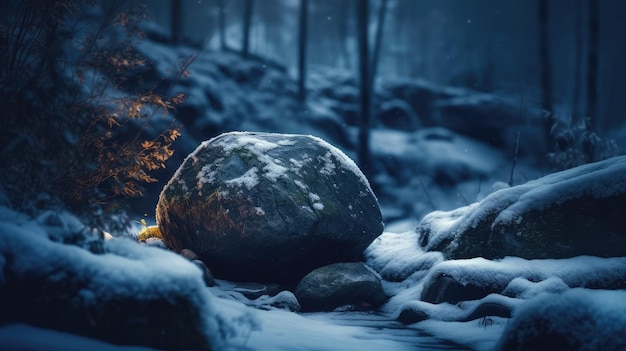 Uma cena de neve com uma grande pedra em primeiro plano e uma árvore ao fundo.