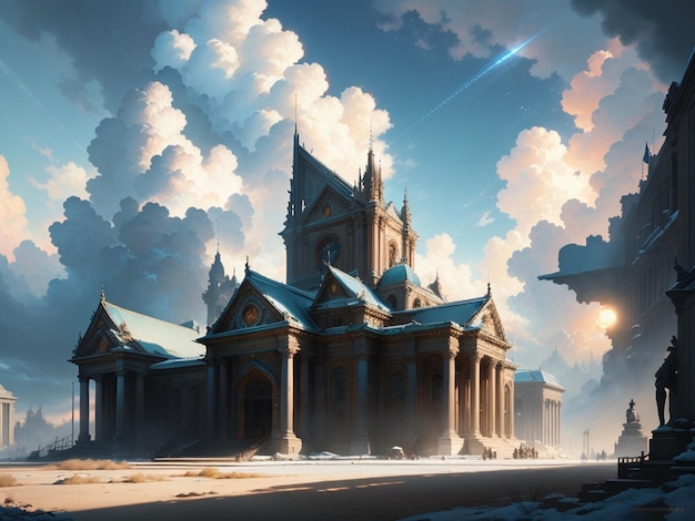 Uma cena de neve com uma igreja ao fundo e o céu com nuvens e neve.