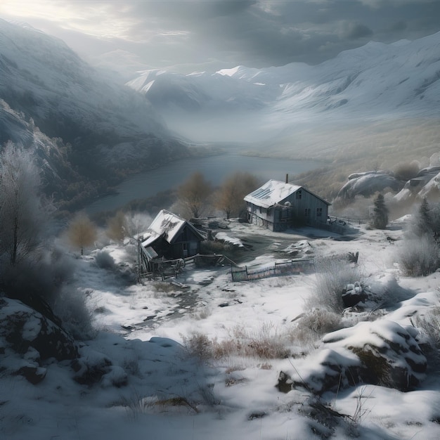 Uma cena de neve com uma montanha de neve e casas em primeiro plano.