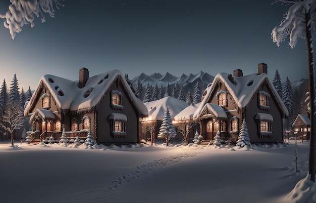 Uma cena de neve com uma vila de neve e uma montanha de neve ao fundo.