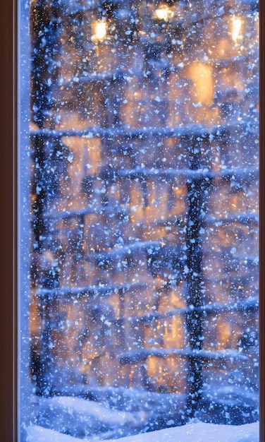 Uma cena de neve de Natal pintada numa janela A rua do lado de fora iluminada por luzes de fada